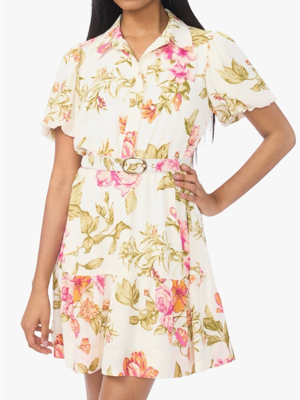 NWT CeCe women’s Floral Shirt belted Dress in Cream with Pink & Green Print  L